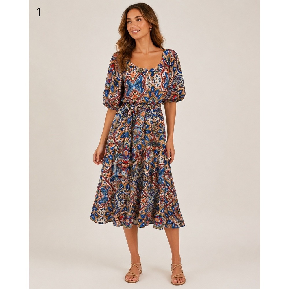 Flying Tomato Paisley Floral Chiffon Midi Dress Womens Small White Polyester Bel